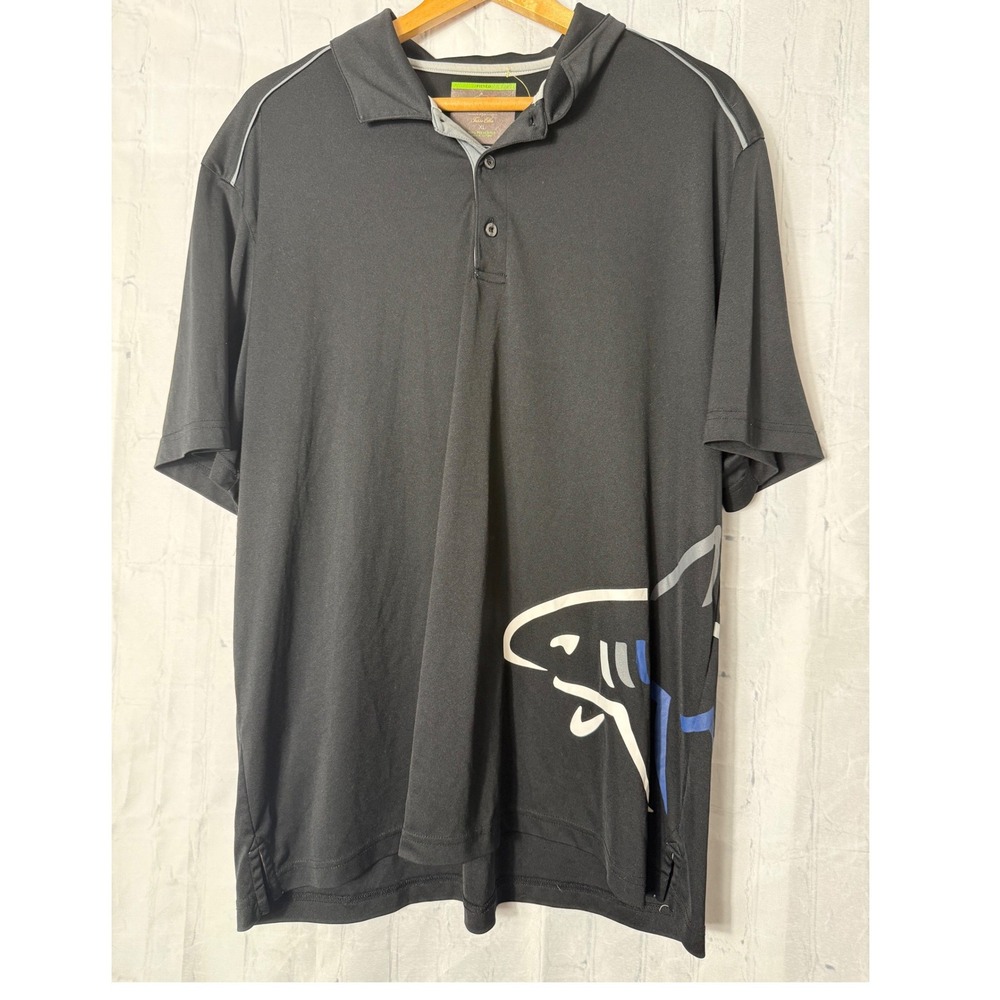 Greg Norman Polo Shirt Sz XL Black Shark Graphic PlayDry Fitted Golf Activewear